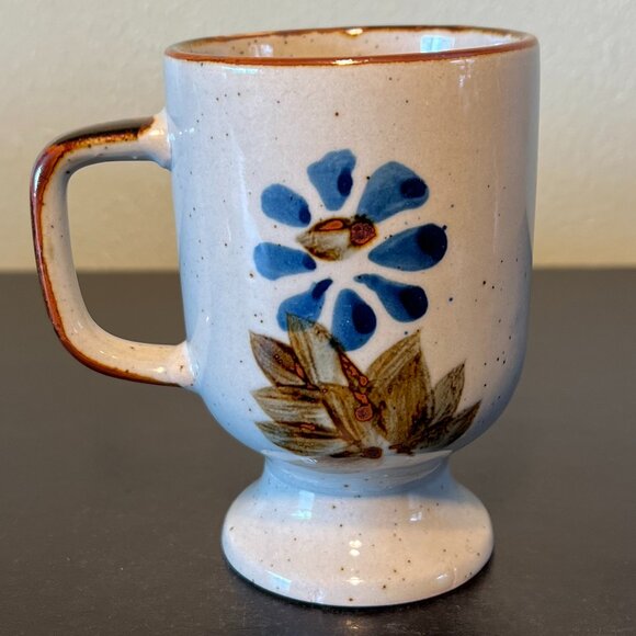 Vintage Otagiri Japan Hand Painted Brown & Blue Floral  Pedestal Stoneware Cup - Picture 4 of 8